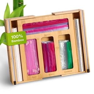 loskee ziplock bag organizer and plastic wrap dispenser with cutter, 6 in 1 expandable bamboo foil and plastic wrap organizer for kitchen drawer, ziplock bag storage organizer for gallon, quart, sandwich, and snack bags