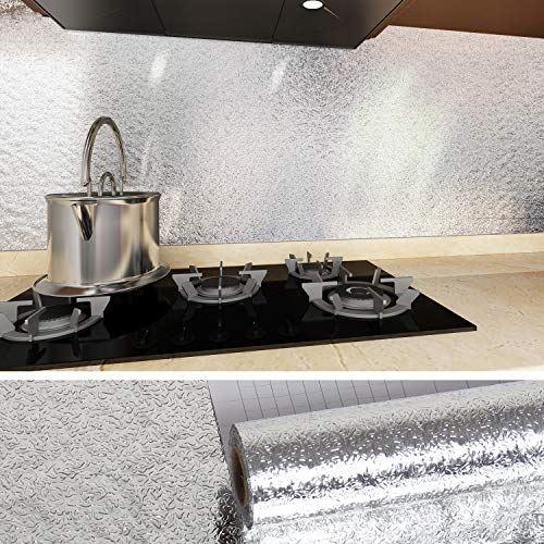 VEELIKE Kitchen Backsplash Wallpaper Peel and Stick Aluminum Foil Contact Paper Self Adhesive Oil-Proof Heat Resistant Wall Sticker for Countertop Drawer Liner Shelf Liner (15.74x118.11inches)