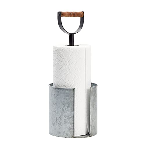 Kitchen Paper Towel Holder for Countertop with Wooden Handle, Galvanized Farmhouse Decor (6 x 16 in)