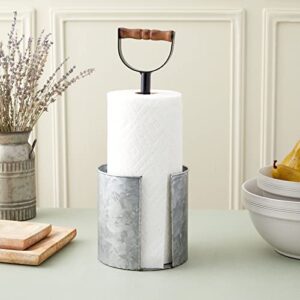 Kitchen Paper Towel Holder for Countertop with Wooden Handle, Galvanized Farmhouse Decor (6 x 16 in)