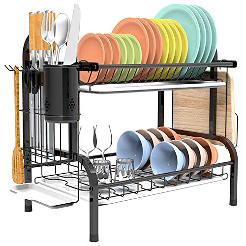 Shop Again 2 Tier Dish Rack Double Decker Dish Drying Rack with Drainboard Plates Rack for Kitchen Counter,Black