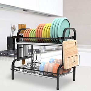 Shop Again 2 Tier Dish Rack Double Decker Dish Drying Rack with Drainboard Plates Rack for Kitchen Counter,Black