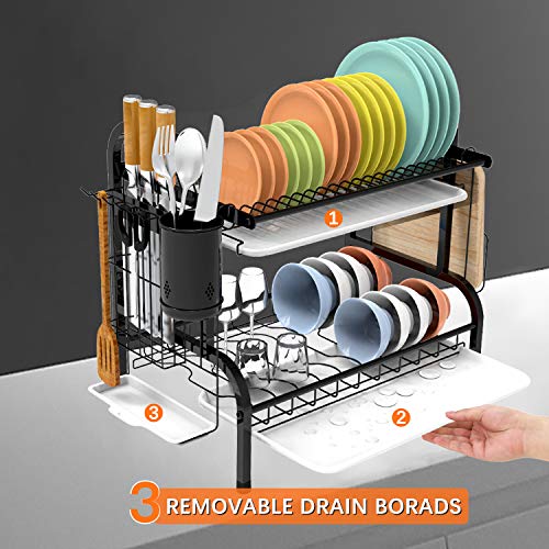 Shop Again 2 Tier Dish Rack Double Decker Dish Drying Rack with Drainboard Plates Rack for Kitchen Counter,Black