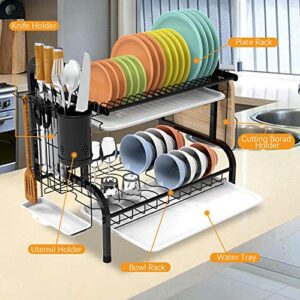 Shop Again 2 Tier Dish Rack Double Decker Dish Drying Rack with Drainboard Plates Rack for Kitchen Counter,Black