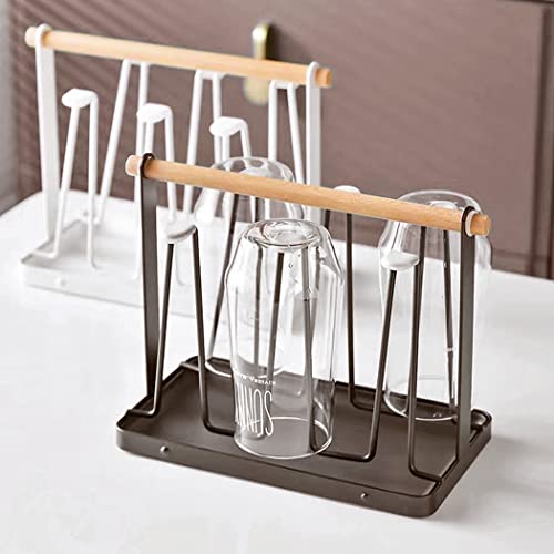 BYFU Cup Drying Rack Stand with Drain Tray, Metal Bottle Drying Organizer with Wood Handle for 6 Cups or Mugs