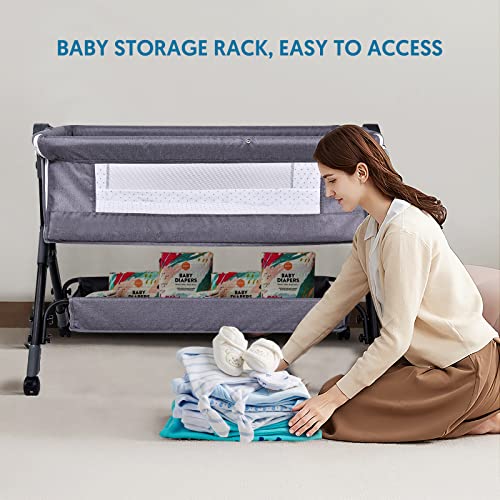 Bellababy Bedside Bassinet, Bedside Sleeper, Bedside Crib with Changing Table, Easy Folding Portable Crib, Adjustable Portable Bed for Infant/Newborn (Dark Grey)