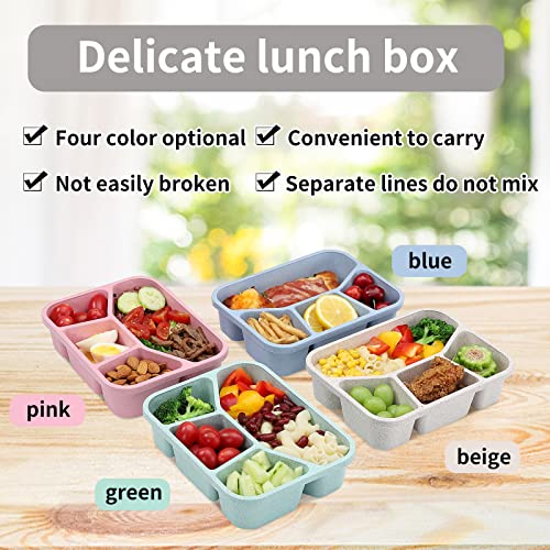 buluker 4 Pack Bento Lunch Box Set 4 Compartment Food Storage Containers Wheat Straw Meal Prep Lunch Box Plastic Food Storage Containers, Microwave and Dishwasher Safe (4 Compartment)