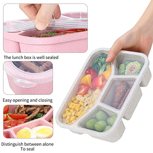 buluker 4 Pack Bento Lunch Box Set 4 Compartment Food Storage Containers Wheat Straw Meal Prep Lunch Box Plastic Food Storage Containers, Microwave and Dishwasher Safe (4 Compartment)