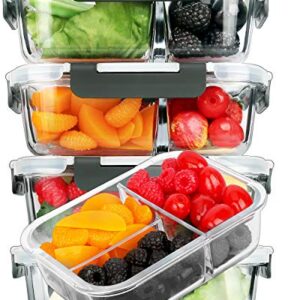 M MCIRCO [5-Pack, 36 oz] Glass Meal Prep Containers 3 Compartment with Lids, Glass Lunch Containers,Food Prep Lunch Box,Bento Box,BPA-Free, Microwave, Oven, Freezer, Dishwasher (4.5 Cups)