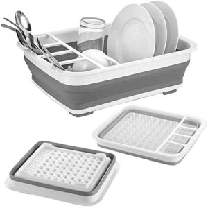 UMIKAkitchen Collapsible Dish Drying Rack - Popup and Collapse for Easy Storage, Drain Water Directly into The Sink, Room for Eight Large Plates, Sectional Cutlery and Utensil Compartment