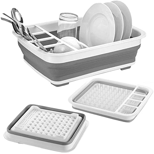 UMIKAkitchen Collapsible Dish Drying Rack - Popup and Collapse for Easy Storage, Drain Water Directly into The Sink, Room for Eight Large Plates, Sectional Cutlery and Utensil Compartment