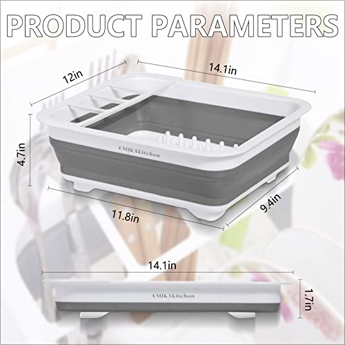 UMIKAkitchen Collapsible Dish Drying Rack - Popup and Collapse for Easy Storage, Drain Water Directly into The Sink, Room for Eight Large Plates, Sectional Cutlery and Utensil Compartment