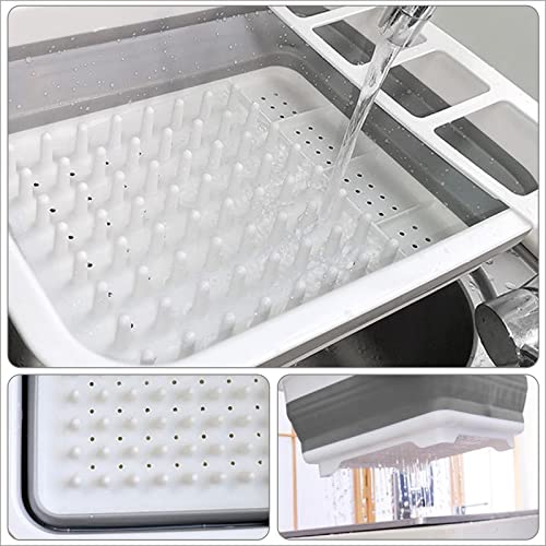 UMIKAkitchen Collapsible Dish Drying Rack - Popup and Collapse for Easy Storage, Drain Water Directly into The Sink, Room for Eight Large Plates, Sectional Cutlery and Utensil Compartment