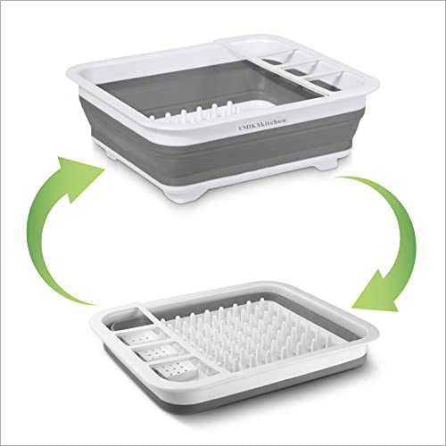 UMIKAkitchen Collapsible Dish Drying Rack - Popup and Collapse for Easy Storage, Drain Water Directly into The Sink, Room for Eight Large Plates, Sectional Cutlery and Utensil Compartment