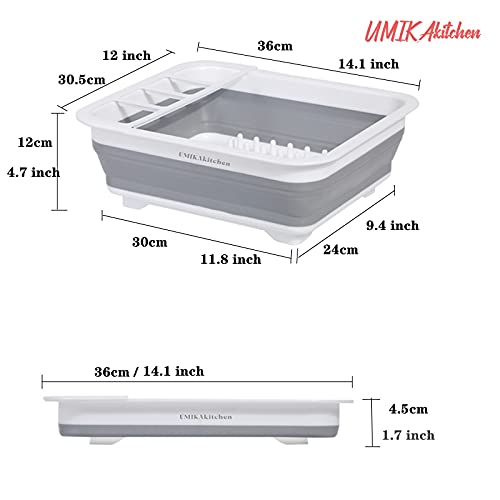 UMIKAkitchen Collapsible Dish Drying Rack - Popup and Collapse for Easy Storage, Drain Water Directly into The Sink, Room for Eight Large Plates, Sectional Cutlery and Utensil Compartment