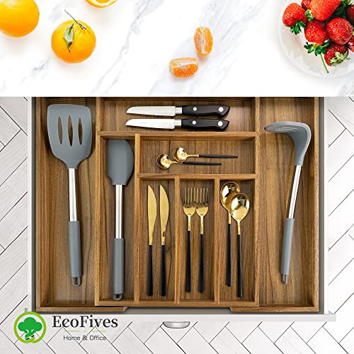 Luxury Acacia Kitchen Drawer Organizer - Silverware Organizer - Utensil Holder and Cutlery Tray with Grooved Drawer Dividers for Flatware and Kitchen Utensils (8 Slot), 17*12.4*2 inch