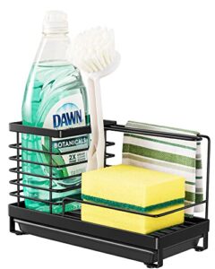oyydecor sink caddy, sponge holder for kitchen sink organizer, 304 stainless steel rustproof countertop sponge brush soap holder with drain pan for counter (black)