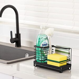 Oyydecor Sink Caddy, Sponge Holder for Kitchen Sink Organizer, 304 Stainless Steel Rustproof Countertop Sponge Brush Soap Holder with Drain Pan for Counter (Black)