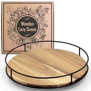 decorstation wooden lazy susan organizer, 12.5 inches – round lazy susan for table, artistic acacia wood with sturdy black steel bar – 360 degree smooth rotating – suitable for countertops & cabinets