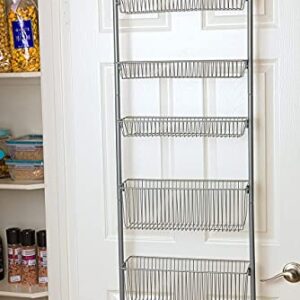 Bee Home Over the Cabinet Pantry Door or Wall Mounted Heavy Duty Metal Basket Organizer Storage Rack for Kitchen, Bathroom, Office, Toy Room includes hooks for over the door or wall mounting (5 Tier)