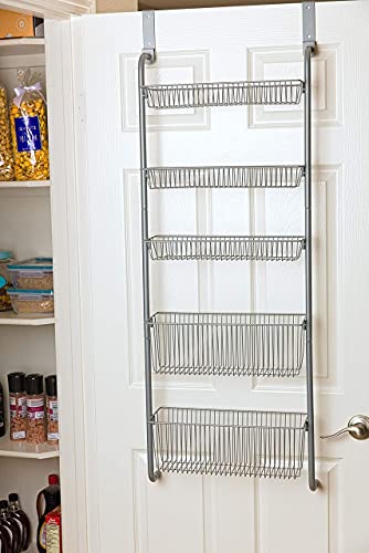 Bee Home Over the Cabinet Pantry Door or Wall Mounted Heavy Duty Metal Basket Organizer Storage Rack for Kitchen, Bathroom, Office, Toy Room includes hooks for over the door or wall mounting (5 Tier)