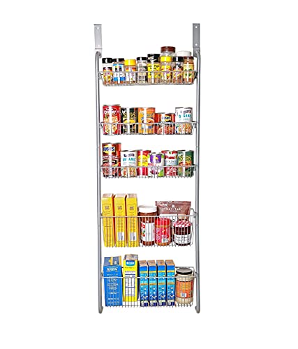 Bee Home Over the Cabinet Pantry Door or Wall Mounted Heavy Duty Metal Basket Organizer Storage Rack for Kitchen, Bathroom, Office, Toy Room includes hooks for over the door or wall mounting (5 Tier)