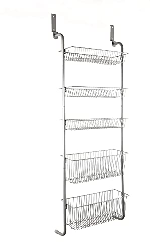 Bee Home Over the Cabinet Pantry Door or Wall Mounted Heavy Duty Metal Basket Organizer Storage Rack for Kitchen, Bathroom, Office, Toy Room includes hooks for over the door or wall mounting (5 Tier)