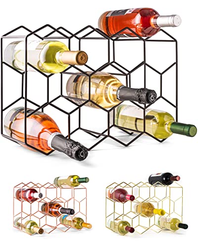 Gusto Nostro Countertop Wine Rack - 14 Bottle Freestanding Modern Black Metal Small Wine Rack - 3 Tier Tabletop Wine Holder Stand for Cabinet, Pantry, Wine Bottle Storage - No Assembly Required