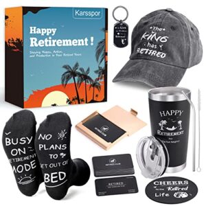 karsspor 7 pcs retirement gifts for men, retirement gift with insulated tumbler, baseball cap, socks, funny business cards, leather coaster, key chain, great retirement gift for retirees