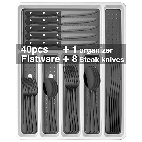 49-Piece Black Silverware Set with Organizer, Stainless Steel Flatware Set with Steak Knives for 8, AIKKIL Cutlery Set for Home Restaurant, Food-Grade Knives Forks and Spoons Silverware Set