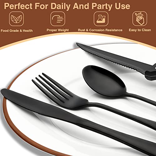 49-Piece Black Silverware Set with Organizer, Stainless Steel Flatware Set with Steak Knives for 8, AIKKIL Cutlery Set for Home Restaurant, Food-Grade Knives Forks and Spoons Silverware Set