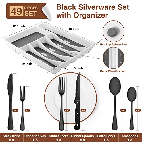 49-Piece Black Silverware Set with Organizer, Stainless Steel Flatware Set with Steak Knives for 8, AIKKIL Cutlery Set for Home Restaurant, Food-Grade Knives Forks and Spoons Silverware Set