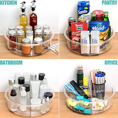 12 Inch Lazy Susan Cabinet Organizer - 2 Pack Round Clear Spinning Organization & Storage Container Bin Turntable Plastic Condiment Spice with Dividers for Pantry Kitchen Fridge Vanity Bathroom Makeup