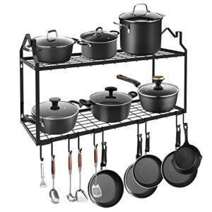 lader 30inch wall mounted pot rack, 2 tiers pots and pans organizer for kitchen organization & storage, large size black hanging pot rack, wall shelf with 5 connect hooks