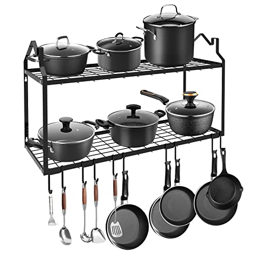 LADER 30Inch Wall Mounted Pot Rack, 2 Tiers Pots and Pans Organizer for Kitchen Organization & Storage, Large Size Black Hanging Pot rack, Wall Shelf with 5 connect Hooks