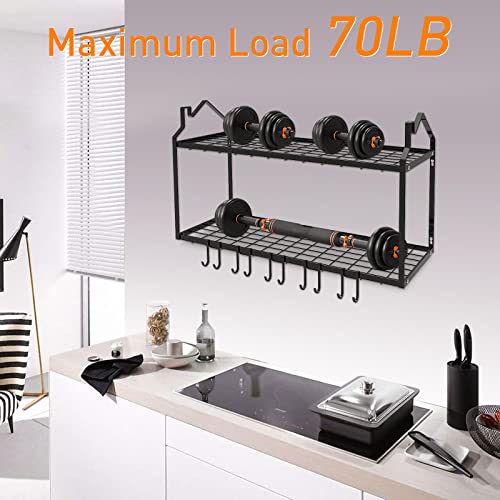 LADER 30Inch Wall Mounted Pot Rack, 2 Tiers Pots and Pans Organizer for Kitchen Organization & Storage, Large Size Black Hanging Pot rack, Wall Shelf with 5 connect Hooks