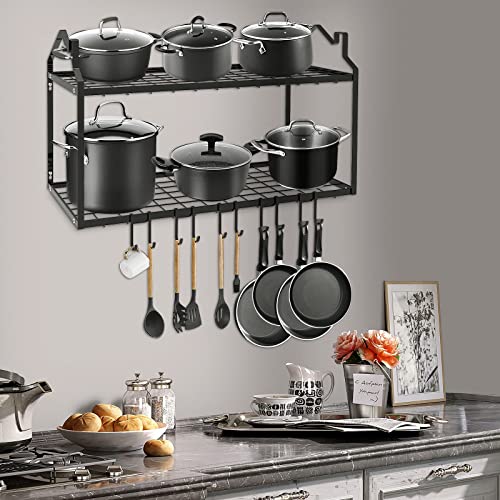 LADER 30Inch Wall Mounted Pot Rack, 2 Tiers Pots and Pans Organizer for Kitchen Organization & Storage, Large Size Black Hanging Pot rack, Wall Shelf with 5 connect Hooks