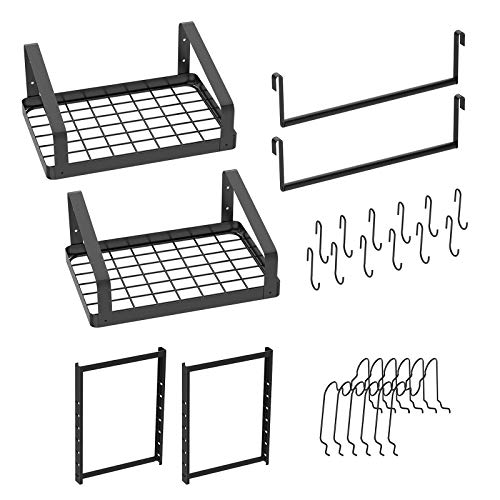 X-cosrack Pot Racks Wall Mounted Set of 2,with Towel Bar and Pots Pans Lids Organizer, Kitchen Cookware Hanging Shelves with 12 Hooks, Black