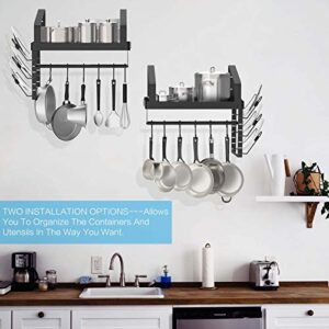 X-cosrack Pot Racks Wall Mounted Set of 2,with Towel Bar and Pots Pans Lids Organizer, Kitchen Cookware Hanging Shelves with 12 Hooks, Black