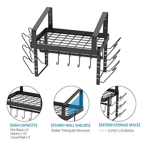 X-cosrack Pot Racks Wall Mounted Set of 2,with Towel Bar and Pots Pans Lids Organizer, Kitchen Cookware Hanging Shelves with 12 Hooks, Black