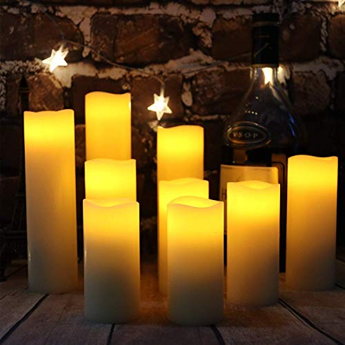Flameless Flickering Battery Operated Candles 4" 5" 6" 7" 8" 9" Set of 9 Ivory Real Wax Pillar LED Candles with 10-Key Remote and Cycling 24 Hours Timer (Ivory 9 Pack)