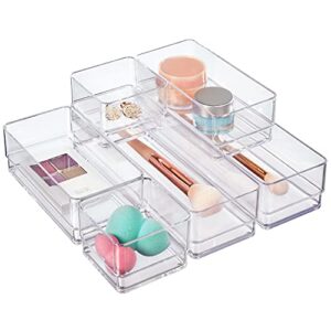 stori simplesort 6-piece stackable clear drawer organizer set | multi-size trays | small makeup vanity storage bins and office desk drawer dividers | made in usa