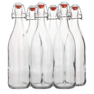 flip top glass bottle [1 liter / 33 fl. oz.] [pack of 6] – swing top brewing bottle with stopper for beverages, oil, vinegar, kombucha, beer, water, soda, kefir – airtight lid & leak proof cap – clear