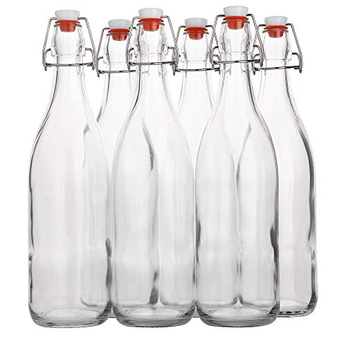 Flip Top Glass Bottle [1 Liter / 33 fl. oz.] [Pack of 6] – Swing Top Brewing Bottle with Stopper for Beverages, Oil, Vinegar, Kombucha, Beer, Water, Soda, Kefir – Airtight Lid & Leak Proof Cap – Clear