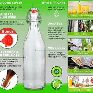 Flip Top Glass Bottle [1 Liter / 33 fl. oz.] [Pack of 6] – Swing Top Brewing Bottle with Stopper for Beverages, Oil, Vinegar, Kombucha, Beer, Water, Soda, Kefir – Airtight Lid & Leak Proof Cap – Clear