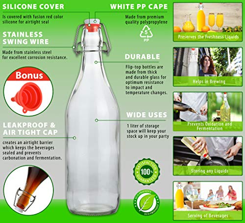 Flip Top Glass Bottle [1 Liter / 33 fl. oz.] [Pack of 6] – Swing Top Brewing Bottle with Stopper for Beverages, Oil, Vinegar, Kombucha, Beer, Water, Soda, Kefir – Airtight Lid & Leak Proof Cap – Clear