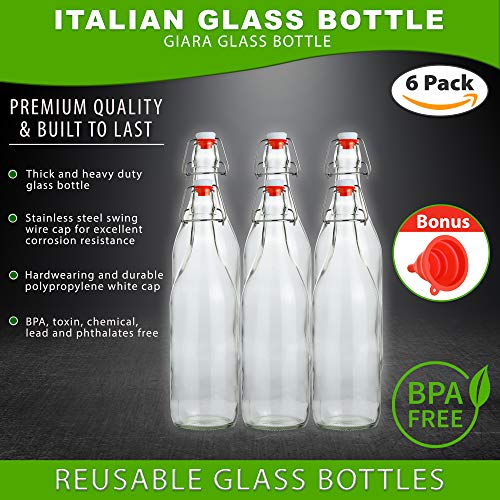 Flip Top Glass Bottle [1 Liter / 33 fl. oz.] [Pack of 6] – Swing Top Brewing Bottle with Stopper for Beverages, Oil, Vinegar, Kombucha, Beer, Water, Soda, Kefir – Airtight Lid & Leak Proof Cap – Clear