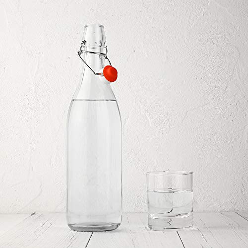 Flip Top Glass Bottle [1 Liter / 33 fl. oz.] [Pack of 6] – Swing Top Brewing Bottle with Stopper for Beverages, Oil, Vinegar, Kombucha, Beer, Water, Soda, Kefir – Airtight Lid & Leak Proof Cap – Clear