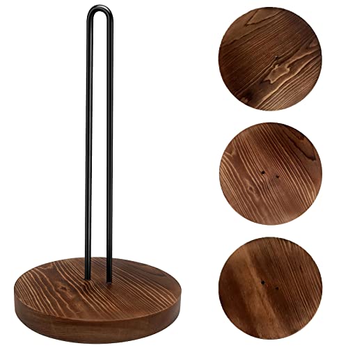 Farmhouse Paper Towel Holder with Wood Base, Wooden Paper Towel Holder Countertop, Rustic Kitchen Paper Towel Stand Fits Standard and Jumbo Size