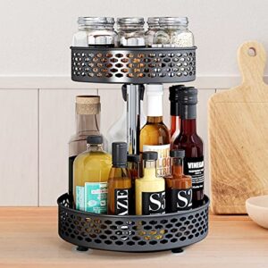 Lazy Susan Organizer 2 Tier Metal Steel, Turntable Height Adjustable, No-Slip Suction Base, Bathroom Kitchen countertop Organizer, Rotating Spice Rack for Cabinet Countertop Pantry, 10" Black